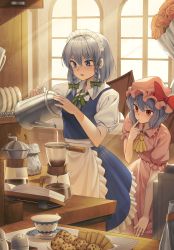 Rule 34 | 2girls, absurdres, blouse, braid, coffee, coffee maker, collared dress, collared shirt, cookie, cup, dress, food, goback, hair between eyes, hat, highres, huge filesize, izayoi sakuya, looking at another, maid, maid headdress, mob cap, multiple girls, open mouth, plate, puffy short sleeves, puffy sleeves, red eyes, remilia scarlet, shirt, short hair, short sleeves, standing, touhou, twin braids, white shirt