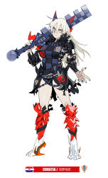 Rule 34 | 1girl, 2018 fifa world cup, armor, armored boots, armored dress, belt, black shirt, boots, chain, checkered clothes, checkered shirt, closed mouth, croatia, croatian flag, full body, hair between eyes, holding, holding weapon, horns, long hair, nail polish, original, panties, personification, shirt, soccer, soccer uniform, solo, sportswear, standing, underwear, weapon, white background, white hair, world cup, yellow eyes, yu yanshu