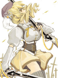 Rule 34 | 10s, 1girl, beret, blonde hair, corset, cross, detached sleeves, drill hair, dual wielding, fingerless gloves, gloves, grey thighhighs, gun, hair ornament, hairpin, hat, holding, looking up, magical girl, magical musket, mahou shoujo madoka magica, mahou shoujo madoka magica (anime), naetomi, pleated skirt, profile, puffy sleeves, ribbon, rifle, shirt, skirt, solo, striped clothes, striped thighhighs, taut clothes, taut shirt, thighhighs, tomoe mami, twin drills, twintails, vertical-striped clothes, vertical-striped thighhighs, weapon, yellow eyes, zettai ryouiki