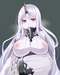 Rule 34 | 10s, 1girl, abyssal ship, bad id, bad pixiv id, bare shoulders, blush, breasts, claws, covered erect nipples, detached sleeves, dress, heart, heart-shaped pupils, horns, kantai collection, large breasts, long hair, looking at viewer, nipples, open mouth, pale skin, red eyes, ribbed dress, seaport princess, see-through, simple background, single horn, solo, symbol-shaped pupils, uiroutsuji yumihiko, very long hair, white hair