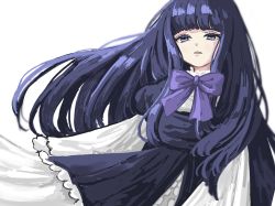 Rule 34 | 1girl, aramosaurus, blunt bangs, bow, bowtie, cowboy shot, dress, frederica bernkastel, frilled dress, frilled skirt, frills, highres, long hair, looking at viewer, parted lips, purple bow, purple dress, purple eyes, purple hair, skirt, solo, umineko no naku koro ni, white background, white sleeves, wide sleeves