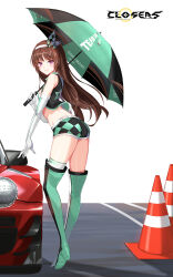 Rule 34 | 1girl, alternate color, ass, bare shoulders, belt, boots, breasts, brown hair, car, closed mouth, closers, crop top, cropped vest, elbow gloves, full body, gloves, hairband, high heel boots, high heels, highres, holding, holding umbrella, long hair, looking at viewer, looking back, luna aegis (closers), midriff, motor vehicle, non-web source, official art, purple eyes, race queen, short shorts, shorts, single thighhigh, sleeveless, small breasts, smile, solo, standing, thigh boots, thighhighs, thighs, traffic cone, umbrella, vest