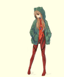 Rule 34 | 1girl, bodysuit, bodysuit under clothes, brown hair, evangelion: 3.0+1.0 thrice upon a time, expressionless, eyepatch, full body, hands in pockets, hat, hat under hood, highres, interface headset, jacket, kazumiminagawa, long hair, neon genesis evangelion, plugsuit, rebuild of evangelion, red bodysuit, shiny clothes, simple background, smile, souryuu asuka langley, standing, track jacket, wide hips