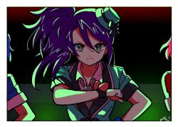 Rule 34 | 1boy, 2girls, backlighting, border, closed mouth, collared shirt, dorothy west, green headwear, green jacket, hair between eyes, hat, idol, idol clothes, jacket, reona west, long hair, looking at viewer, mini hat, multiple girls, out of frame, pretty series, pripara, purple hair, rituyama1, serious, shirt, short sleeves, side ponytail, signature, solo focus, toudou shion, upper body, v-shaped eyebrows, white border, white shirt, yellow eyes