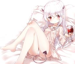 Rule 34 | 1girl, ass, bare legs, barefoot, bed sheet, blood, blush, breasts, choker, closed mouth, collarbone, commentary request, crossed legs, cup, cupping glass, darnell, demon girl, demon horns, demon tail, dress, drinking glass, feet, foot out of frame, frilled pillow, frills, hair between eyes, hand on own knee, head tilt, horns, korean commentary, long hair, long sleeves, looking at viewer, lying, on back, original, panties, pillow, pink dress, red eyes, small breasts, solo, tail, underwear, very long hair, white hair, white panties, wine glass