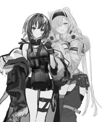 Rule 34 | 2girls, :d, animal ears, arknights, aurora (arknights), bare shoulders, bear ears, bear girl, bow, breasts, cleavage cutout, closed mouth, clothing cutout, collared jacket, detached pants, greyscale, hair between eyes, hair bow, hair intakes, hairband, head tilt, highres, hood, hood down, hooded jacket, jacket, la pluma (arknights), legs apart, looking at viewer, medium breasts, monochrome, multiple girls, off shoulder, open clothes, open jacket, open mouth, pelvic curtain, shirt, short hair, shorts, sidelocks, sleeveless, sleeveless shirt, sleeves past fingers, sleeves past wrists, smile, thick thighs, thigh gap, thighs, zerg (z79438659)