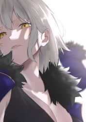 Rule 34 | 1girl, bare shoulders, black dress, blonde hair, blush, breasts, cleavage, collarbone, commentary request, dress, fate/grand order, fate (series), fur-trimmed jacket, fur collar, fur trim, hair between eyes, highres, jacket, jeanne d&#039;arc alter (fate), jeanne d&#039;arc alter (ver. shinjuku 1999) (fate), large breasts, looking at viewer, parted lips, ri o ne su, shaded face, short hair, simple background, solo, upper body, white background, yellow eyes