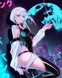 Rule 34 | 1girl, absurdres, artist name, bare shoulders, black leotard, black thighhighs, blue eyes, breasts, cigarette, closed mouth, commentary, cyberpunk, cyberpunk (series), cyberpunk edgerunners, cyborg, hand up, highres, holding, holding cigarette, jacket, leotard, long sleeves, looking at viewer, lucy (cyberpunk), mechanical parts, medium breasts, moon, off shoulder, ringeko-chan, shiny clothes, short hair, sleeves past wrists, smoke, solo, swept bangs, thighhighs, thighs, white hair, white jacket