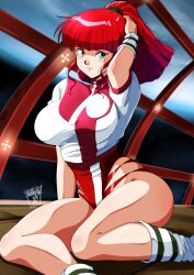 Rule 34 | 1girl, absurdres, arm support, artist name, breasts, closed mouth, commentary, danmakuman, green eyes, highleg, highleg leotard, highres, jung freud, large breasts, leotard, lips, long hair, looking at viewer, ponytail, red hair, shiny skin, short sleeves, signature, socks, solo, thighs, top wo nerae!, wristband