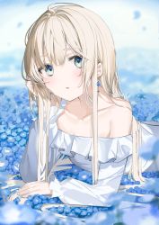 Rule 34 | 1girl, :o, arm support, aroa (aroamoyasi), bare shoulders, blonde hair, blue eyes, blurry, blurry background, blush, collarbone, earrings, flower, frilled shirt, frills, hand up, highres, jewelry, long hair, long sleeves, looking at viewer, lying, nemophila (flower), on stomach, original, parted lips, shirt, solo, white shirt