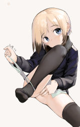 Rule 34 | 1girl, artist name, black hair, black jacket, black thighhighs, blonde hair, blue eyes, bob cut, commentary, covering privates, covering crotch, dated, dutch angle, erica hartmann, fur-trimmed jacket, fur trim, gradient hair, head tilt, highres, jacket, knee up, long sleeves, looking at viewer, military, military uniform, multicolored hair, no shoes, panties, panties around leg, panty pull, pulled by self, raised eyebrows, shirt, short hair, signature, simple background, sitting, solo, strike witches, symbol-only commentary, thighhighs, underwear, uniform, white background, white panties, white shirt, world witches series, zhongye yu