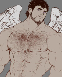 Rule 34 | 1boy, abs, asahi (zabaniyan), bara, beard, black hair, chest hair, completely nude, facial hair, feathered wings, flat color, hairy, head tilt, large pectorals, looking at viewer, male focus, mature male, muscular, muscular male, navel, navel hair, nether angel (housamo), nipples, nude, pectorals, short hair, sideburns, solo, stomach, thick eyebrows, tokyo houkago summoners, upper body, wings