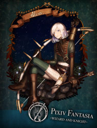 Rule 34 | 1boy, arrow (projectile), bad id, bad pixiv id, blue eyes, boots, bow (weapon), colored eyelashes, full body, gloves, highres, knife, crossed legs, male focus, pixiv fantasia, pixiv fantasia wizard and knight, plant, quiver, scabbard, sheath, sitting, sky, smile, solo, tndkworks, weapon, white hair