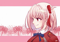 Rule 34 | 04sora40, 1girl, blonde hair, blue ribbon, bob cut, closed mouth, collared shirt, commentary request, dress, floral print, flower, from side, grey dress, hair ribbon, lycoris recoil, lycoris uniform, neck ribbon, nishikigi chisato, pleated dress, red background, red dress, red eyes, red ribbon, ribbon, school uniform, shirt, short hair, smile, solo, spider lily, spider lily print, two-tone dress, upper body, white shirt