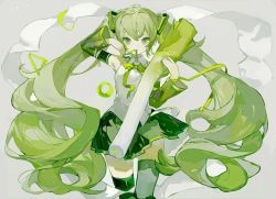 Rule 34 | 1girl, commentary request, detached sleeves, food, green eyes, green hair, green ribbon, green skirt, green theme, green thighhighs, hair tie, hatsune miku, highres, holding, holding food, holding spring onion, holding vegetable, kikihuihui, long hair, long sleeves, neck ribbon, oversized food, oversized object, pleated skirt, ribbon, sidelocks, skirt, solo, spring onion, thighhighs, twintails, vegetable, very long hair, vocaloid
