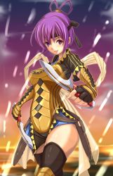 Rule 34 | 1girl, absurdres, armor, blush, bow, cyoppu, dual wielding, fingerless gloves, gensou suikoden, gensou suikoden v, gloves, hair bow, hair ornament, hair rings, headband, highres, holding, knife, large bow, miakis (suikoden), purple eyes, purple hair, short hair, skirt, smile, solo, thighhighs, weapon