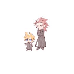 Rule 34 | 2boys, axel (kingdom hearts), black coat, black coat (kingdom hearts), black footwear, blonde hair, blue eyes, chibi, closed eyes, closed mouth, coat, crossed arms, dot mouth, expressionless, facial mark, height difference, kingdom hearts, long coat, long hair, male focus, messy hair, multiple boys, nitoya 00630a, no mouth, no nose, pointing, red hair, roxas, shoes, short hair, spiked hair, triangle facial mark, watercolor effect, white background