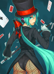 Rule 34 | 1girl, aqua background, aqua eyes, aqua hair, ass, back-seamed legwear, black hat, cane, card, cowboy shot, fishnet pantyhose, fishnets, from behind, gloves, hat, hat ribbon, hatsune miku, headphones, holding, leotard, long hair, magician, miracle paint (vocaloid), pantyhose, playing card, project diva, project diva (series), ribbon, seamed legwear, simple background, solo, tailcoat, top hat, vocaloid, white gloves, yuuji (and)