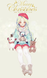 Rule 34 | 1girl, absurdres, beret, black joa, blonde hair, blue coat, boots, christmas, coat, commentary, cursive, doll, fingerless gloves, full body, gloves, happy new year, hat, high heel boots, high heels, highres, long hair, merry christmas, new year, original, red eyes, red skirt, reindeer, reindeer plushie, scarf, sitting, skirt, smile, snow, snow globe, snowman, solo, thighhighs, white thighhighs, yellow background, zettai ryouiki