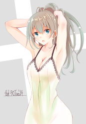 Rule 34 | 10s, 1girl, :o, absurdres, aqua eyes, arm behind head, armpits, bad id, bad pixiv id, bare shoulders, blush, breasts, brown hair, cleavage, dress, green dress, grey background, groin, highres, kantai collection, kumano (kancolle), long hair, looking at viewer, nightgown, no bra, no panties, open mouth, ponytail, see-through, see-through silhouette, simple background, sleeveless, sleeveless dress, solo, sundress, tebi (tbd11)