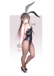 Rule 34 | 1girl, alternate costume, animal ears, black leotard, blush, breasts, brown hair, brown pantyhose, closed mouth, contrapposto, detached collar, fake animal ears, fake tail, full body, glasses, gradient background, green eyes, hand up, highres, kantai collection, leotard, long hair, looking at viewer, medium breasts, ooyodo (kancolle), pantyhose, playboy bunny, purple background, rabbit ears, rabbit tail, solo, standing, tail, wrist cuffs, yuuji (and)