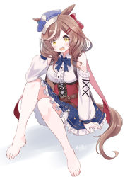 Rule 34 | 1girl, :d, animal ears, bare shoulders, barefoot, blue bow, blue bowtie, bow, bowtie, brown hair, clothing cutout, commentary request, full body, hair ornament, hairclip, hat, highres, horse ears, horse girl, horse tail, long hair, long sleeves, looking at viewer, matikane tannhauser (umamusume), multicolored hair, open mouth, retsumaru, shoulder cutout, signature, simple background, sitting, smile, solo, streaked hair, tail, umamusume, white background, white hair, yellow eyes