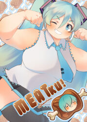 Rule 34 | !, 1girl, absurdres, alternate body size, alternate breast size, aqua hair, artist name, bare shoulders, blue eyes, blue necktie, blue outline, boned meat, breasts, clenched hands, clenched teeth, cowboy shot, dot nose, flexing, food, hair between eyes, hair ornament, hatsune miku, highres, large breasts, long hair, looking at viewer, meat, miniskirt, necktie, one eye closed, open mouth, outline, plump, shirt, skirt, sleeveless, sleeveless shirt, teeth, thick arms, thick thighs, thighhighs, thighs, twintails, twitter username, vocaloid, white background, white outline, wing collar, xixiriima, zettai ryouiki