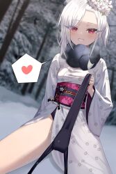 Rule 34 | 1girl, absurdres, black necktie, blue archive, blurry, commentary request, depth of field, flower, forehead, forest, gimseol, grin, hair bun, hair flower, hair ornament, halo, heart, highres, holding necktie, japanese clothes, kimono, long hair, long sleeves, looking at viewer, mutsuki (blue archive), mutsuki (new year) (blue archive), nature, necktie, necktie grab, neckwear grab, obi, official alternate costume, official alternate hairstyle, outdoors, parted bangs, pov, purple eyes, sash, sidelocks, single hair bun, sitting, smile, snow, solo, spoken heart, spread legs, tree, white hair, wide sleeves