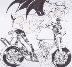 Rule 34 | 1girl, alternate costume, ass, bare shoulders, bat wings, bent over, blush, boots, contemporary, female focus, garter straps, goggles, goggles on head, hat, looking at viewer, monochrome, motor vehicle, motorcycle, okiraku nikku, panties, remilia scarlet, shikishi, short hair, sketch, smile, solo, string panties, thighhighs, touhou, traditional media, underwear, vehicle, wings