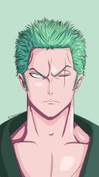 Rule 34 | 1boy, artist name, astorblue, closed mouth, collarbone, commentary, english commentary, green hair, highres, looking at viewer, male focus, one eye closed, one piece, roronoa zoro, scar, scar across eye, scar on chest, scar on face, short hair, simple background, solo, twitter username