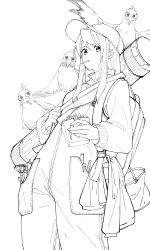 Rule 34 | 1girl, absurdres, backpack, bag, beak, bird, breasts, closed mouth, denim, food, food in mouth, french fries, from below, greyscale, hat, highres, holding strap, lineart, long hair, long sleeves, looking at viewer, mechanical pencil, monochrome, mouth hold, original, overalls, paintbrush, pencil, sidelocks, simple background, small breasts, solo, sweater, white background, wonderwall123