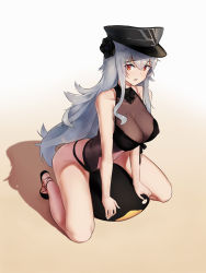 Rule 34 | 1girl, azur lane, bad id, bad pixiv id, bare shoulders, black flower, black footwear, black hat, black one-piece swimsuit, black ribbon, black rose, breasts, casual one-piece swimsuit, cleavage, clothing cutout, collarbone, commentary request, flower, from above, gradient background, graf zeppelin (azur lane), graf zeppelin (beachside urd) (azur lane), groin, hair between eyes, hair flower, hair ornament, halterneck, hat, highres, lace, lace-trimmed swimsuit, lace trim, large breasts, long hair, looking at viewer, navel, navel cutout, one-piece swimsuit, open mouth, parted lips, peaked cap, red eyes, ribbon, rose, see-through, shadow, shoes, sidelocks, silver hair, sitting, sitting on object, solo, spread legs, stomach, straight hair, swimsuit, taut clothes, turtleneck, very long hair, yashemao qishi