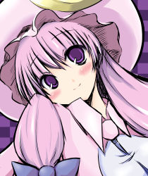 Rule 34 | 1girl, absurdres, blush, coo (coonekocoo), female focus, hat, highres, long hair, patchouli knowledge, purple eyes, purple hair, ribbon, smile, solo, touhou