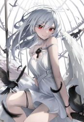 Rule 34 | 1girl, absurdres, bare arms, bare shoulders, bird, bird on leg, birdcage, breasts, cage, closed mouth, commentary, crow, dress, eyebrows hidden by hair, feathers, floating hair, hair between eyes, halo, highres, long hair, looking at viewer, original, red eyes, short dress, silver hair, sitting, smile, solo, star741, thigh strap, white background, white dress, white wings, wings