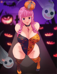 Rule 34 | 1girl, arms behind back, artist name, bare shoulders, black eyes, breasts, cleavage, collarbone, crown, curvy, devil fruit, dress, drill hair, flower, from above, full body, halloween, highleg, highleg leotard, highres, horo horo no mi, large breasts, leotard, long hair, musaed art, naughty face, night, night sky, one piece, perona, perspective, pink hair, pumpkin, revealing clothes, simple background, sky, smile, solo, strapless, strapless leotard, striped clothes, striped thighhighs, thighhighs, two-tone leotard, very long hair, wide hips