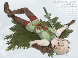 Rule 34 | 1boy, belt, blonde hair, blood, boots, brown eyes, gensou suikoden, gensou suikoden v, gloves, lying, male focus, natsuo (hatohaco), richard, richard (suikoden), short hair, solo, sword, thigh boots, thighhighs, weapon
