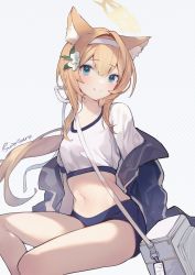 Rule 34 | 1girl, animal ear fluff, animal ears, artist name, bag, bare legs, blue archive, blue buruma, blue eyes, blue jacket, breasts, buruma, closed mouth, collarbone, commentary, crop top, eru daydream, flower, fox ears, fox girl, gym uniform, hair between eyes, hair flower, hair intakes, hair ornament, hair ribbon, hairband, halo, highres, jacket, looking at viewer, mari (blue archive), mari (track) (blue archive), midriff, navel, off shoulder, official alternate costume, open clothes, open jacket, orange hair, ponytail, ribbon, satchel, sidelocks, signature, simple background, sitting, small breasts, smile, solo, sportswear, stomach, thighs, white background, white hair