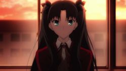 Rule 34 | 1girl, animated, animated gif, blue eyes, blush, brown hair, fate/stay night, fate (series), green eyes, lowres, school uniform, tohsaka rin, tsundere, twintails