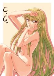 Rule 34 | 1girl, bad id, bad twitter id, breasts, c.c., code geass, completely nude, eyebrows, green hair, hand on own cheek, hand on own face, isshi pyuma, long hair, looking at viewer, navel, nude, simple background, sketch, smile, solo, text focus, yellow eyes