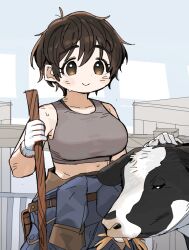 Rule 34 | 1girl, belt, black hair, blue background, blue overalls, brown eyes, commentary, cow, dot nose, fence, gloves, grey shirt, hair between eyes, highres, holding tool, idolmaster, idolmaster cinderella girls, looking at another, messy hair, oikawa shizuku, overalls, shirt, short hair, smile, spawnfoxy, tank top, white gloves