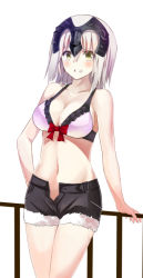 Rule 34 | 1girl, bare shoulders, bikini, bikini top only, blonde hair, blush, breasts, cleavage, collarbone, denim, denim shorts, fate/grand order, fate (series), green eyes, grin, jeanne d&#039;arc (fate), jeanne d&#039;arc alter (avenger) (fate), jeanne d&#039;arc alter (fate), large breasts, looking at viewer, navel, open clothes, open shorts, ruler (fate/grand order), shorts, silver hair, smile, solo, standing, swimsuit, white background, yuge (yuge bakuhatsu)