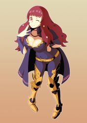 Rule 34 | 1girl, absurdres, black cape, bodysuit, breasts, cape, cianter, clothing cutout, facial mark, fire emblem, fire emblem engage, gold belt, hair ornament, highres, large breasts, long hair, nintendo, purple bodysuit, red hair, side cutout, smile, solo, star (symbol), star facial mark, star hair ornament, yellow background, yunaka (fire emblem)