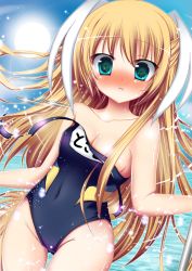 Rule 34 | 1girl, aqua eyes, blonde hair, blush, competition swimsuit, little busters!, long hair, name tag, one-piece swimsuit, solo, sun, swimsuit, teec, tokido saya, very long hair, wardrobe malfunction