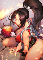 Rule 34 | 1girl, bare shoulders, breasts, brown eyes, brown hair, commentary request, fan to mouth, fatal fury, fire, folding fan, hand fan, high ponytail, hinoru saikusa, large breasts, long hair, looking at viewer, ninja, ponytail, revealing clothes, rope, shiranui mai, solo, the king of fighters, thighs