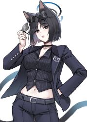 Rule 34 | 1girl, :o, absurdres, adjusting eyewear, alternate costume, animal ears, belt, black belt, black coat, black eyes, black hair, black pants, black shirt, blue archive, breasts, cat ears, cat girl, cleavage, coat, commentary, halo, hand on own hip, highres, kikyou (blue archive), lapels, long sleeves, looking at viewer, medium breasts, midriff, multiple tails, navel, nekomata, open mouth, pants, parted bangs, raki kr, shirt, short hair, simple background, solo, symbol-only commentary, tail, two tails, white background