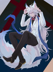 Rule 34 | 1boy, alternate costume, animal ears, black footwear, black pants, bow, bowtie, chinese commentary, commentary request, cosplay, egggg233333, fake animal ears, fake tail, fate/grand order, fate (series), fou (fate), fou (fate) (cosplay), full body, hair between eyes, highres, jacket, long hair, long sleeves, looking at viewer, male focus, merlin (fate), pants, purple eyes, red bow, smile, solo, tail, very long hair, vest, white fur, white hair, white jacket, white vest