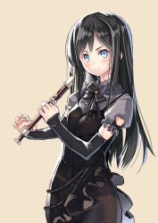 Rule 34 | &gt;:), 10s, 1girl, alternate costume, asashio (kancolle), black bow, black bowtie, black hair, blue eyes, bow, bowtie, clothing cutout, coffee cat, detached sleeves, flute, holding flute, holding instrument, instrument, kantai collection, long hair, looking at viewer, recorder, shoulder cutout, simple background, sketch, smile, solo, sweatdrop, v-shaped eyebrows, yellow background