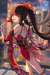Rule 34 | 1girl, :d, absurdres, back tattoo, bare legs, bare shoulders, blush, brown hair, building, candy apple, cityscape, commentary request, detached sleeves, dongyue sakura, evening, fireworks, food, from side, gloves, hair ribbon, hand up, highres, holding, holding mask, honkai: star rail, honkai (series), japanese clothes, kimono, leaning forward, long hair, looking at viewer, looking back, mask, mole, mole under eye, nail polish, open mouth, outdoors, pink eyes, pink nails, red kimono, red ribbon, ribbon, single glove, skyscraper, smile, solo, sparkle (honkai: star rail), standing, tattoo, twintails, very long hair