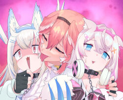 Rule 34 | 3girls, absurdres, animal ears, blonde hair, blue eyes, breasts, chain, cleavage, collar, collarbone, dog ears, fingerless gloves, fuwawa abyssgard, fuwawa abyssgard (1st costume), gloves, hair between eyes, hair ornament, hairclip, head wings, headband, headphones, heart, heart-shaped pupils, highres, hololive, hololive english, jacket, licking, long hair, long sleeves, medium breasts, mococo abyssgard, mococo abyssgard (1st costume), multiple girls, open mouth, pink background, pokosou, red eyes, red hair, short hair, siblings, sisters, symbol-shaped pupils, takane lui, tongue, tongue out, virtual youtuber, wings, yuri