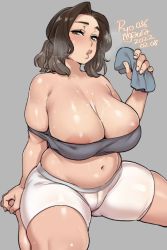 Rule 34 | 1girl, agawa ryou, areola slip, arm support, artist name, bare shoulders, bike shorts, breasts, brown eyes, brown hair, cleavage, collarbone, commentary, crop top, dated, english commentary, flipped hair, grey background, grey shirt, hand on own foot, hand up, holding, holding towel, huge breasts, light blush, looking at viewer, medium hair, navel, numbered, off shoulder, original, parted lips, pink lips, plump, shirt, shorts, simple background, sitting, skindentation, solo, steam, sweat, towel, wariza, wavy hair, white shorts